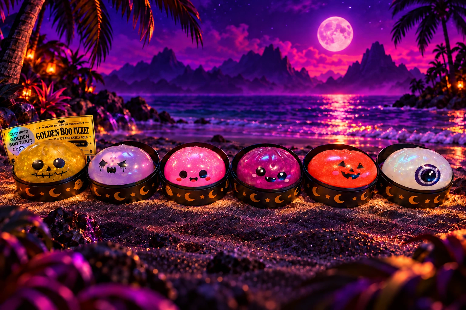 The six Halloween Boo Crew squishy dumplings in their cases on a purple moonlit beach