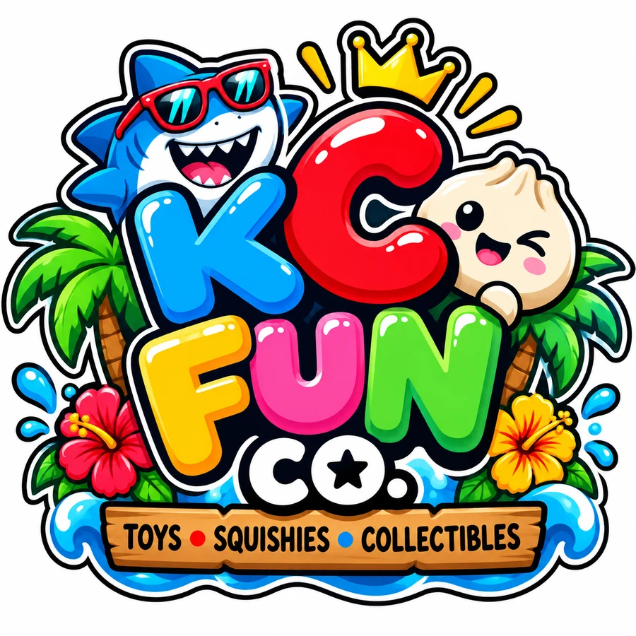 KC Fun Co. tropical artwork featuring a sunglasses-wearing shark, a happy dumpling, palms, and ocean waves